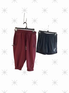 Men's Fashion Sports burgundy cropped joggers, Sz 30; EHCM black gym shorts Sz M